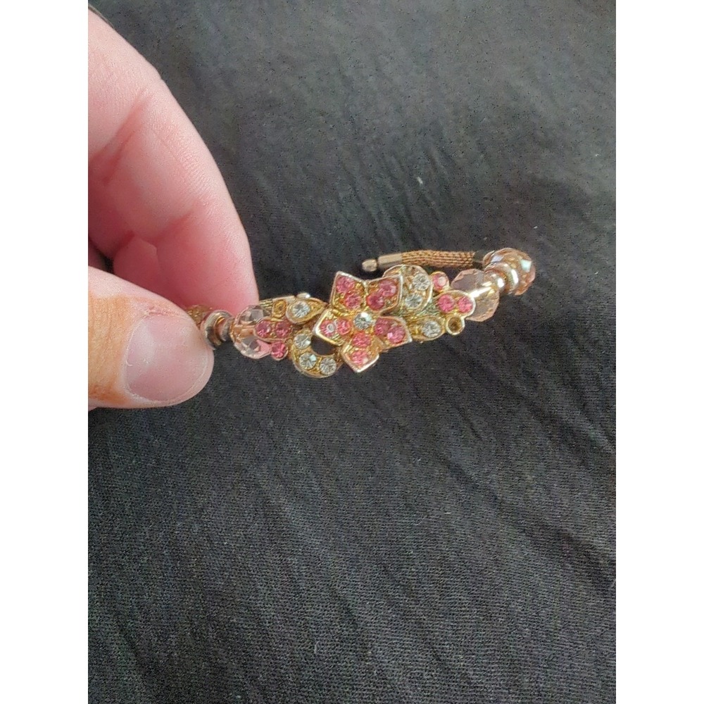 Vintage Gold Toned Sakura Bracelet‎ With Pink And White Stones